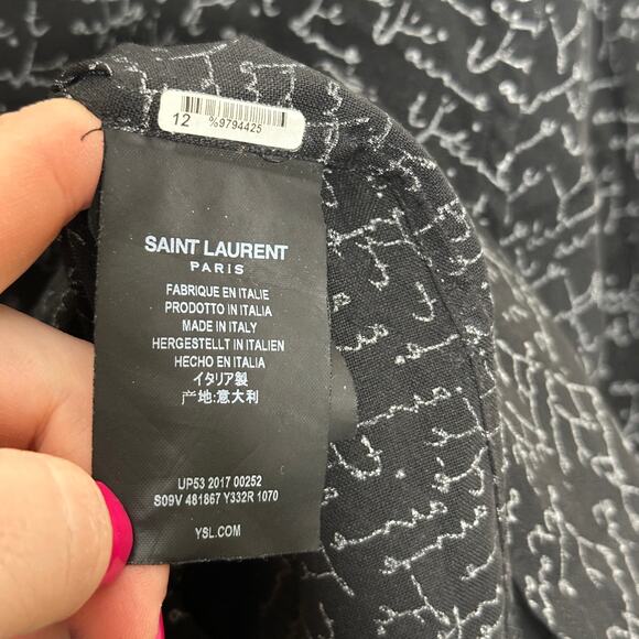 SAINT LAURENT Wool Je T'aime Cursive Script Print Shirt Black Sz 40-15 3/4 {P54} - Picture 5 of 6